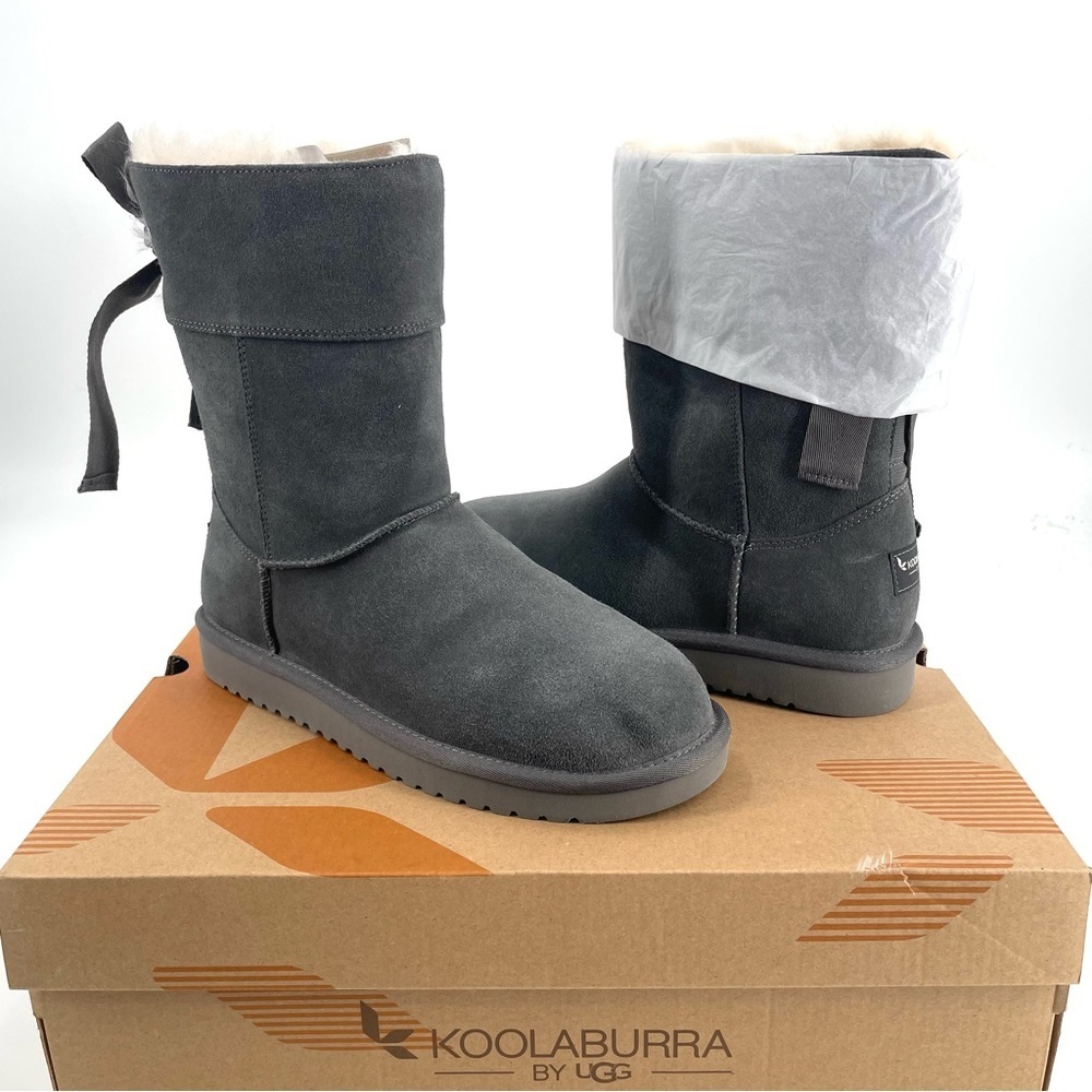 Koolaburra by UGG NEW Andrah Gray Suede Bow Slip On Warm Comfort Short Boots